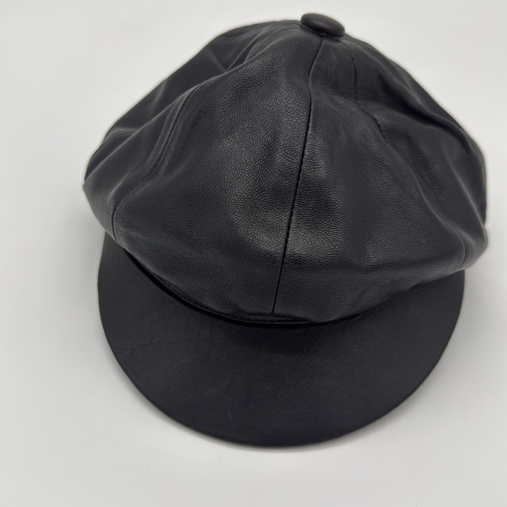Vintage 70’s Black Leather Paperboy Hat 20”